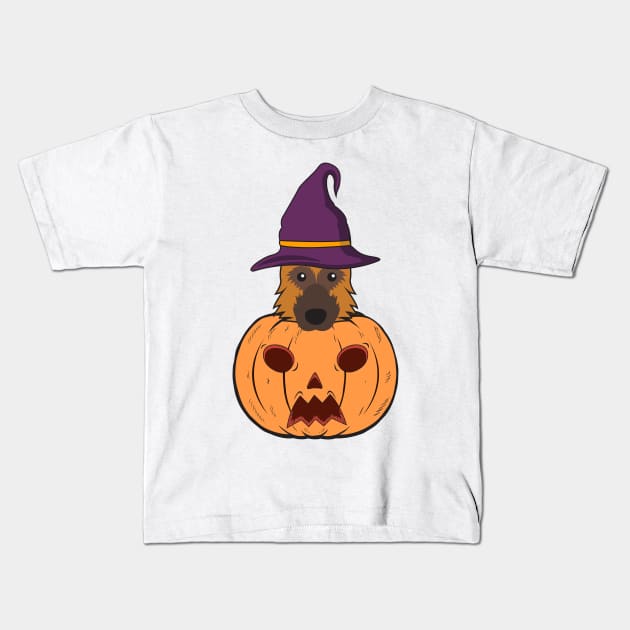 Halloween German Shepherds With Witch Hat Stuck In A Pumpkin Head. Kids T-Shirt by Candaria